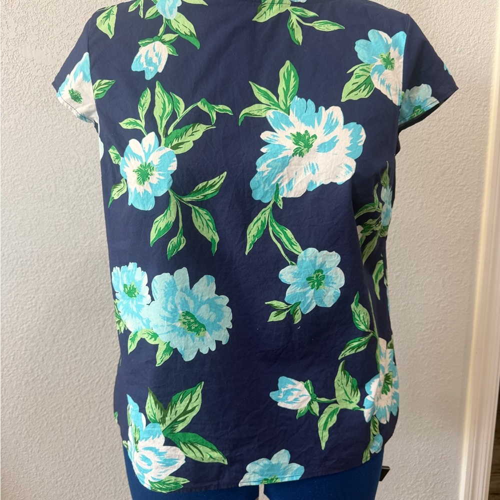 Talbots Navy Floral Cap-Sleeve Top with Aqua Blooms